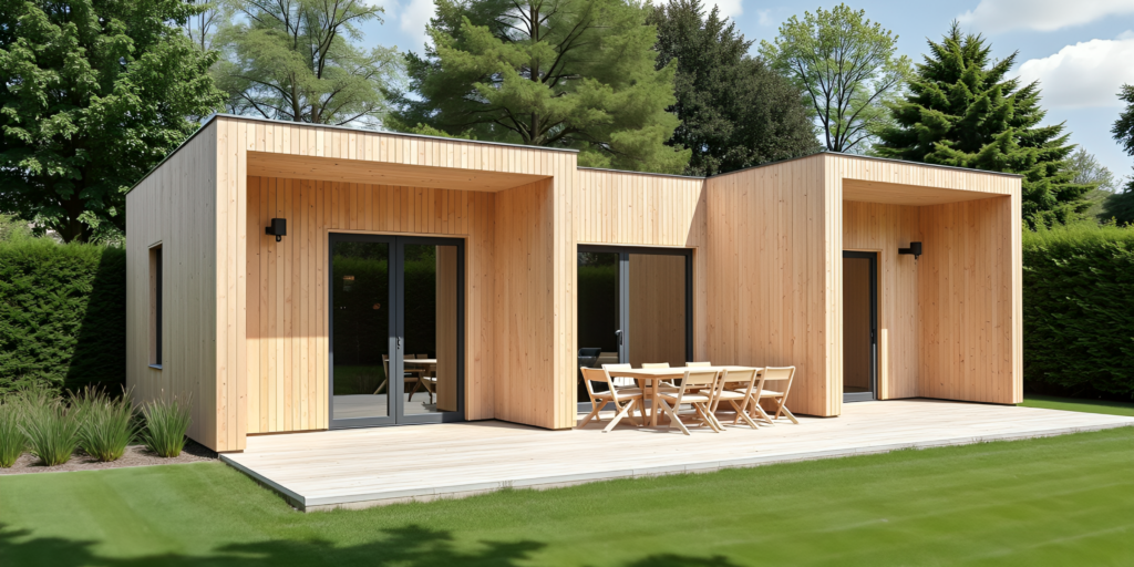 Modules bois Fagus assemblés – construction modulaire sur-mesure Trois modules Fagus en bois assemblés pour créer un espace modulable, durable et esthétique adapté à l’habitat ou à un usage professionnel.