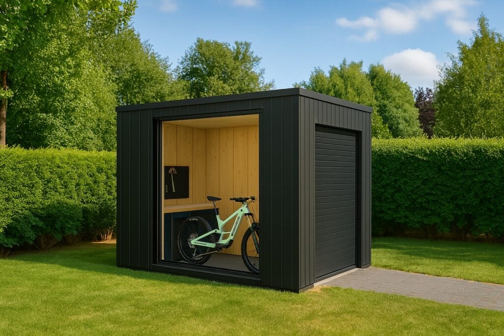 Bike Box Fagus – Vue extérieure du garage bois pour vélo et moto Vue extérieure de la Bike Box Fagus, garage en bois de 6,65 m² installé dans un jardin, conçu pour abriter un vélo ou une moto sans permis de construire.