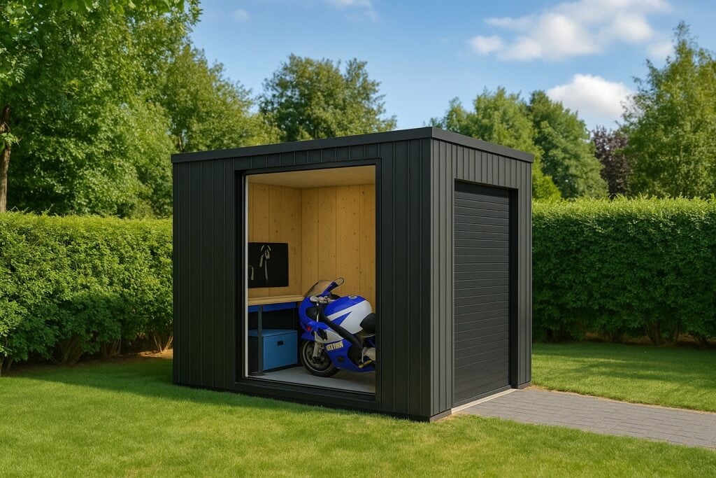 Garage moto en bois Fagus – Vue extérieure Garage moto en bois Fagus 6,65m² – vue extérieure