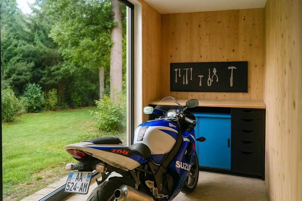 Garage moto en bois Fagus – intérieur modulable et fonctionnel Intérieur du garage moto Fagus en bois, espace modulable de 6,65 m² sans permis de construire, conçu pour abriter une moto avec aménagement pratique et durable