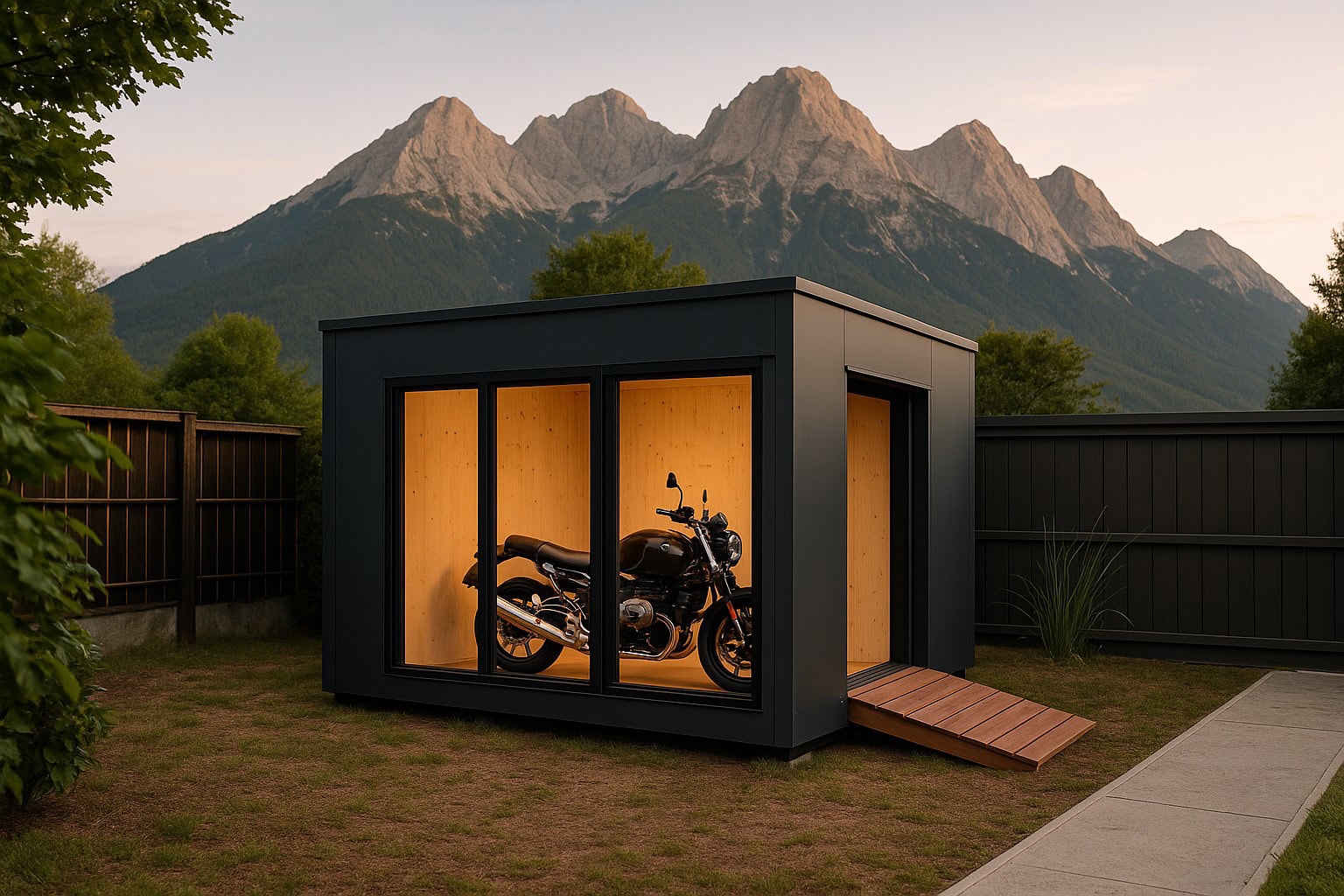 Vue extérieure de la Bike Box Fagus, garage en bois de 6,65 m² installé dans un jardin, conçu pour abriter un vélo ou une moto sans permis de construire.