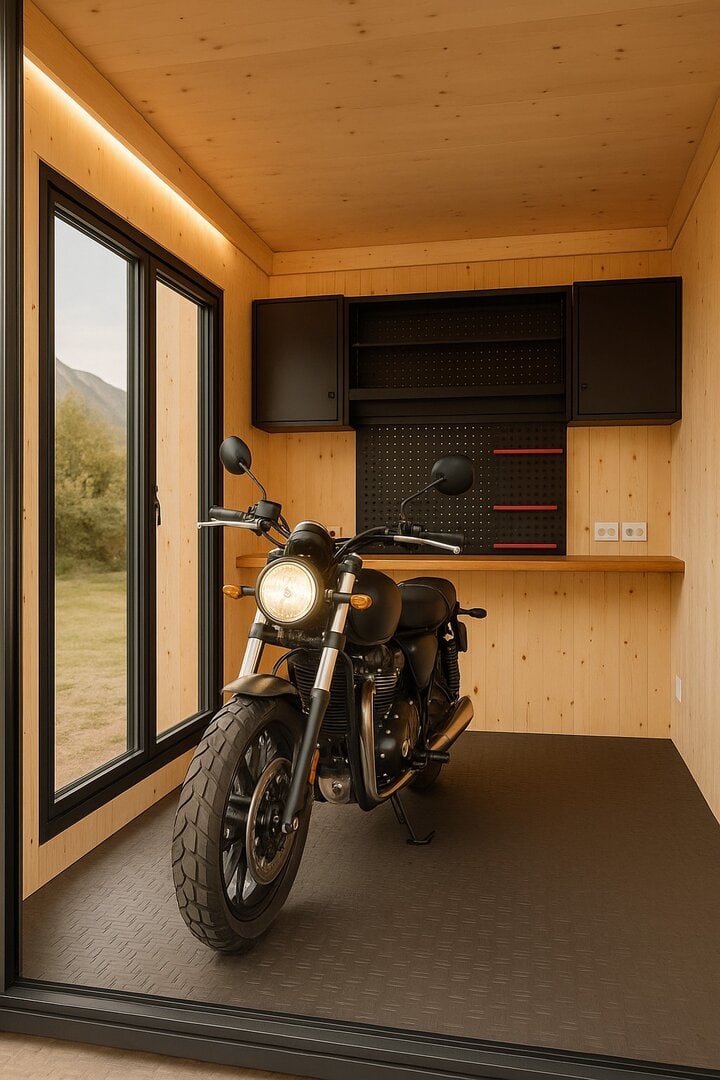 « Bike Box Fagus, garage en bois de 6,65 m² installé dans un jardin, conçu pour ranger des vélos ou une moto sans permis de construire. »