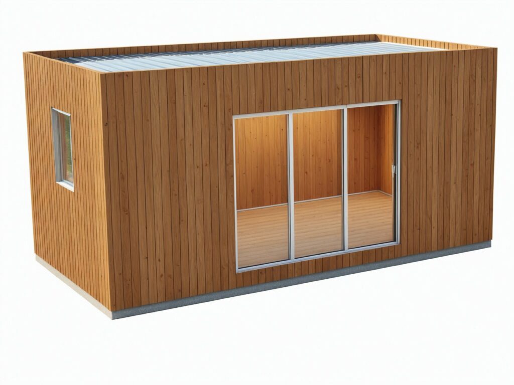 Vue 3D d’un studio de jardin en bois Fagus de 20m² moderne et lumineux, sans permis de construire